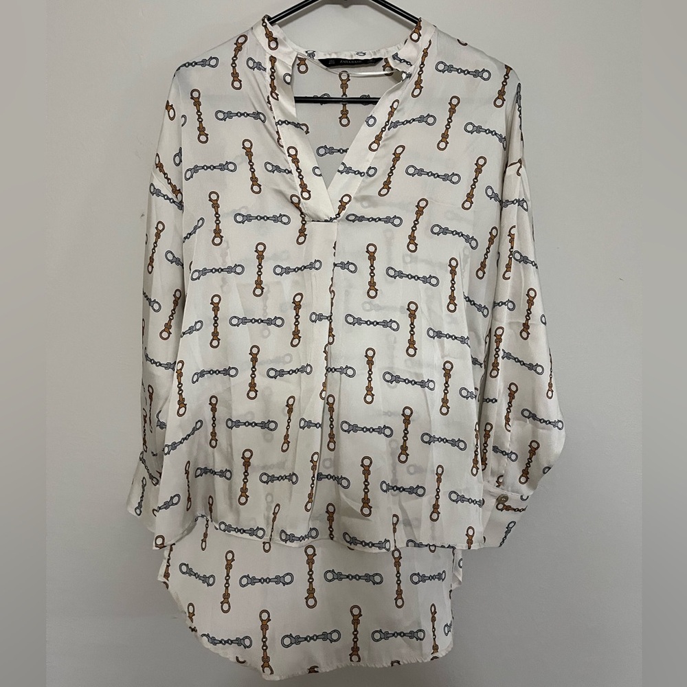 Zara Basic Cream Blouse with Chain Pattern